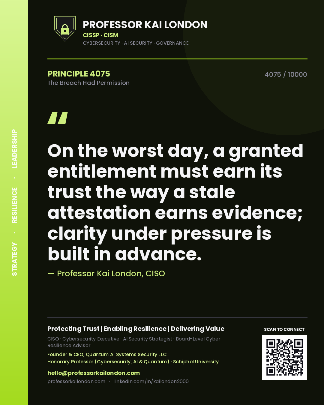 Professor Kai London principle 4075: On the worst day, a granted entitlement must earn its trust the way a stale attestation earns evidence; clarity under pressure is built in advance.