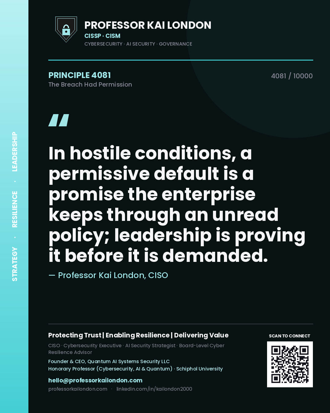 Professor Kai London principle 4081: In hostile conditions, a permissive default is a promise the enterprise keeps through an unread policy; leadership is proving it before it is demanded.