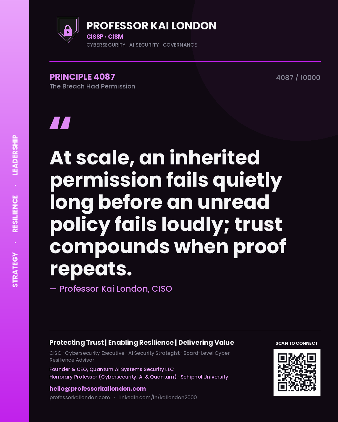 Quote card by Professor Kai London reading 'At scale, an inherited permission fails quietly long before an unread policy fails loudly; trust compounds when proof repeats.'. From the book The Breach Had Permission.