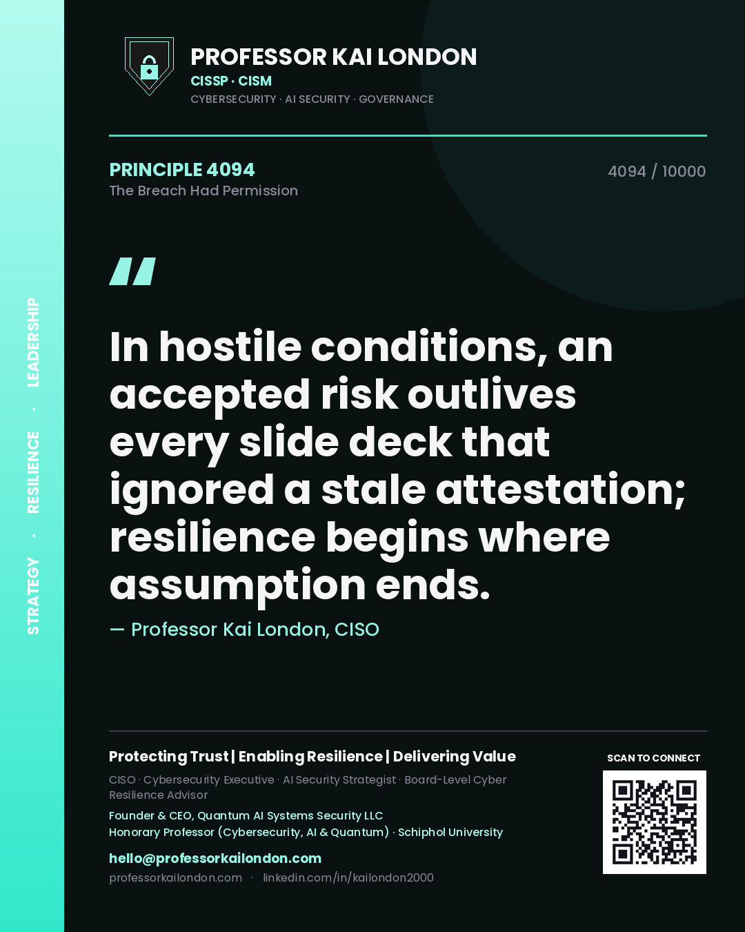 Quote card by Professor Kai London reading 'In hostile conditions, an accepted risk outlives every slide deck that ignored a stale attestation; resilience begins where assumption ends.'. From the book The Breach Had Permission.
