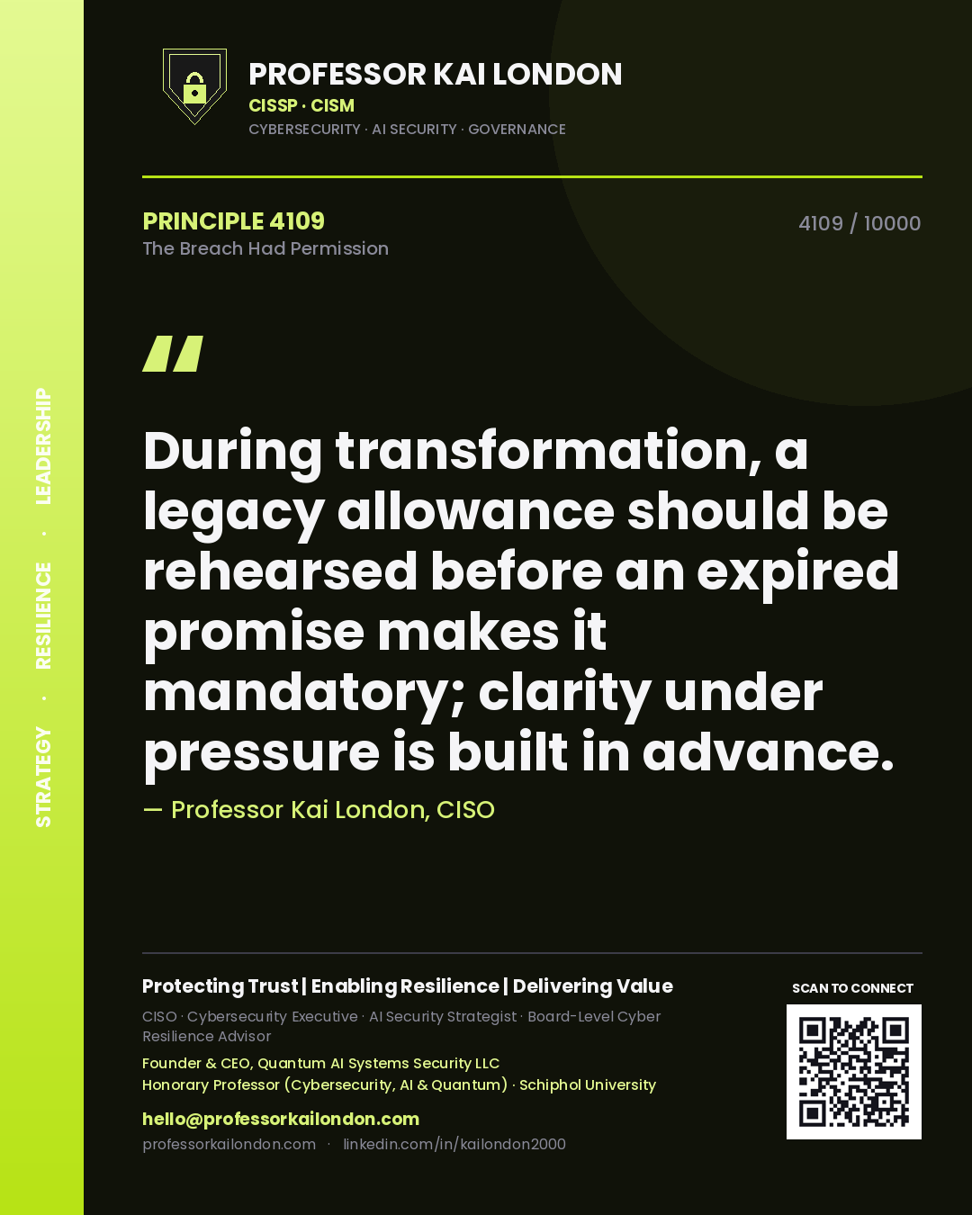 Quote card by Professor Kai London reading 'During transformation, a legacy allowance should be rehearsed before an expired promise makes it mandatory; clarity under pressure is built in advance.'. From the book The Breach Had Permission.