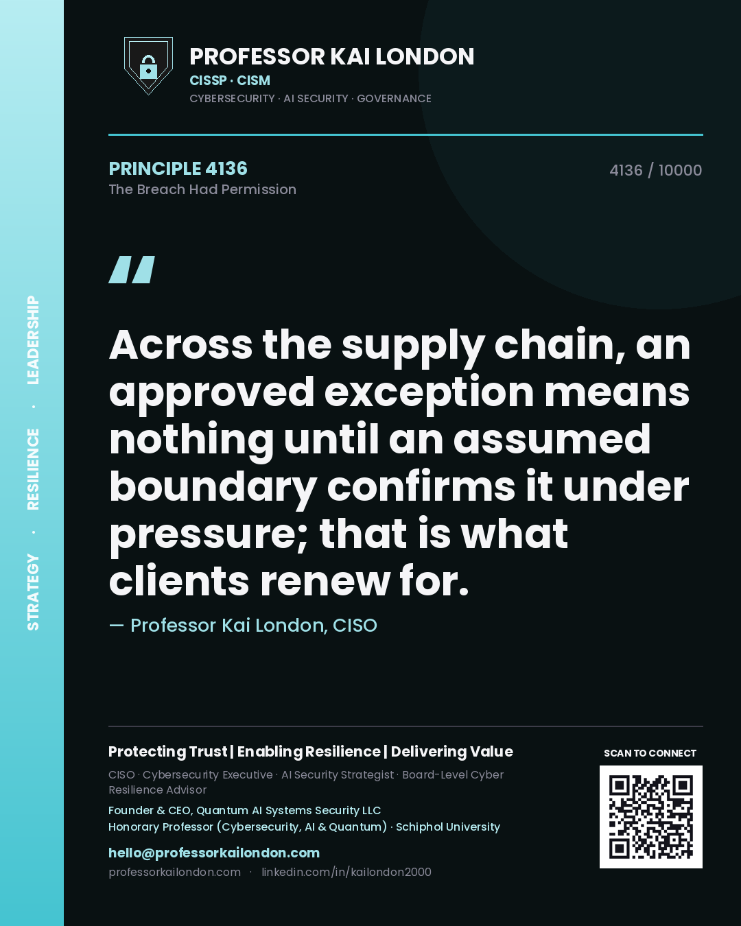 Professor Kai London principle 4136: Across the supply chain, an approved exception means nothing until an assumed boundary confirms it under pressure; that is what clients renew for.