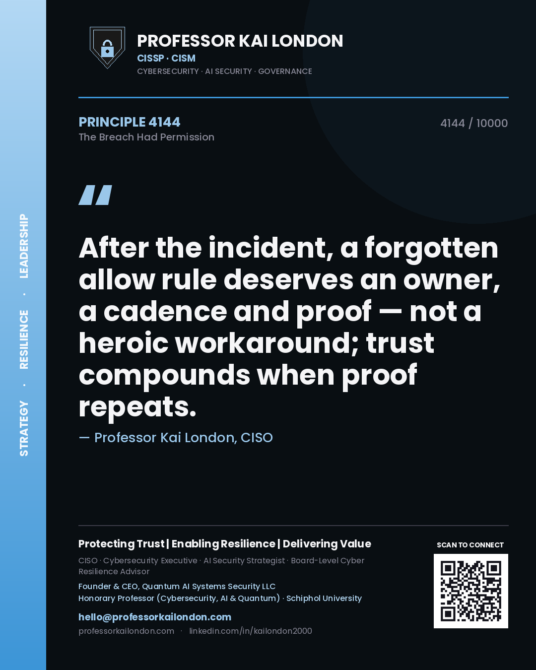 Quote card by Professor Kai London reading 'After the incident, a forgotten allow rule deserves an owner, a cadence and proof — not a heroic workaround; trust compounds when proof repeats.'. From the book The Breach Had Permission.