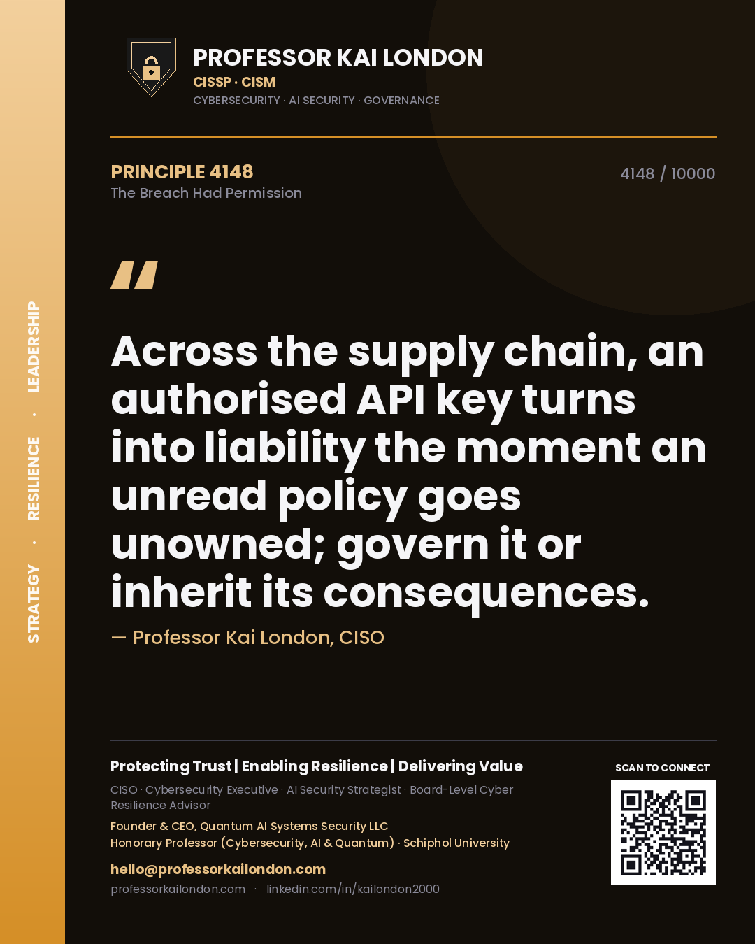 Quote card by Professor Kai London reading 'Across the supply chain, an authorised API key turns into liability the moment an unread policy goes unowned; govern it or inherit its consequences.'. From the book The Breach Had Permission.