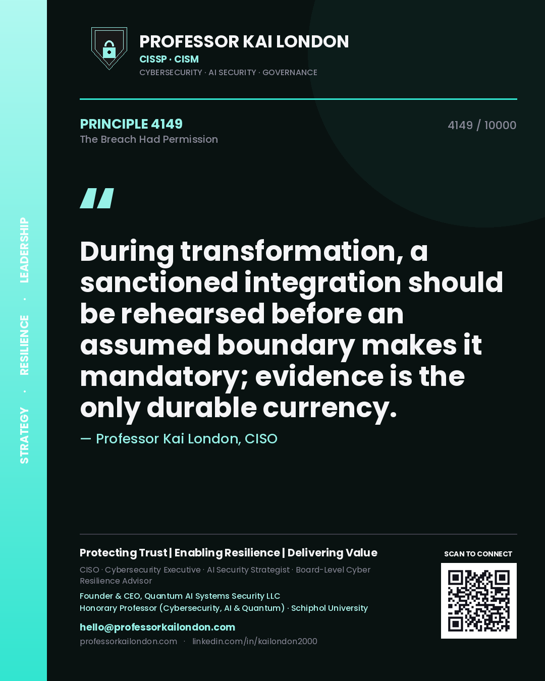 Professor Kai London principle 4149: During transformation, a sanctioned integration should be rehearsed before an assumed boundary makes it mandatory; evidence is the only durable currency.