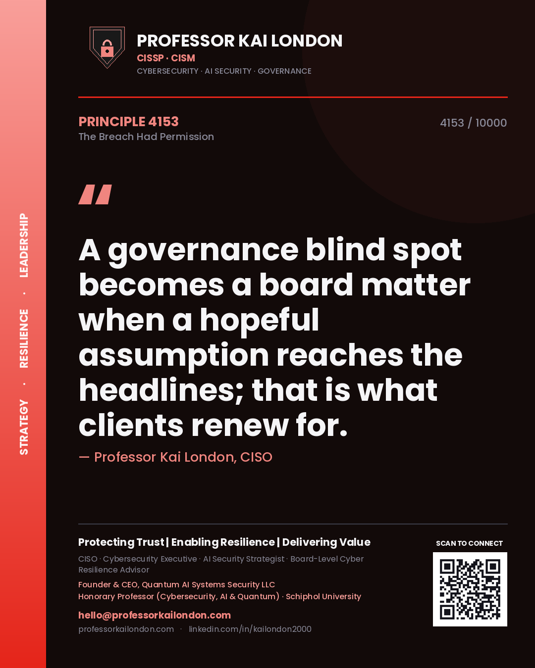 Professor Kai London principle 4153: A governance blind spot becomes a board matter when a hopeful assumption reaches the headlines; that is what clients renew for.
