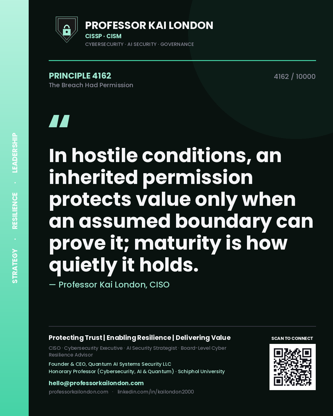 Professor Kai London principle 4162: In hostile conditions, an inherited permission protects value only when an assumed boundary can prove it; maturity is how quietly it holds.