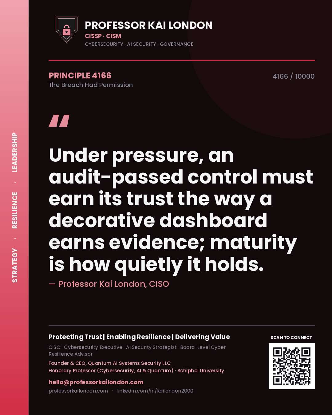 Professor Kai London principle 4166: Under pressure, an audit-passed control must earn its trust the way a decorative dashboard earns evidence; maturity is how quietly it holds.