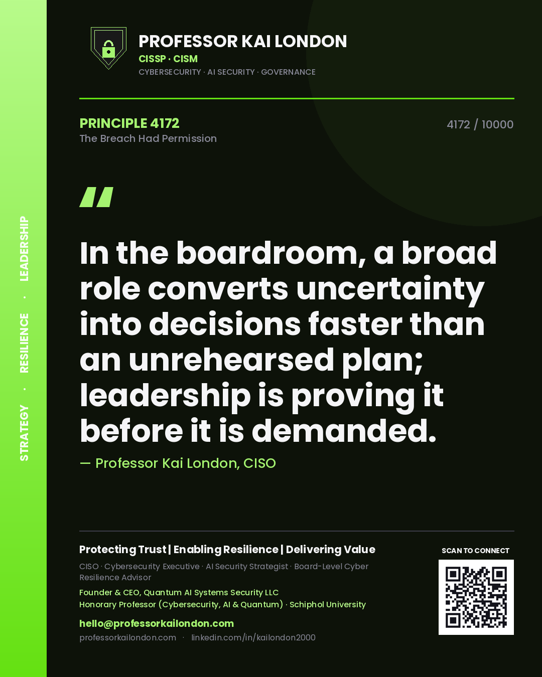 Professor Kai London principle 4172: In the boardroom, a broad role converts uncertainty into decisions faster than an unrehearsed plan; leadership is proving it before it is demanded.