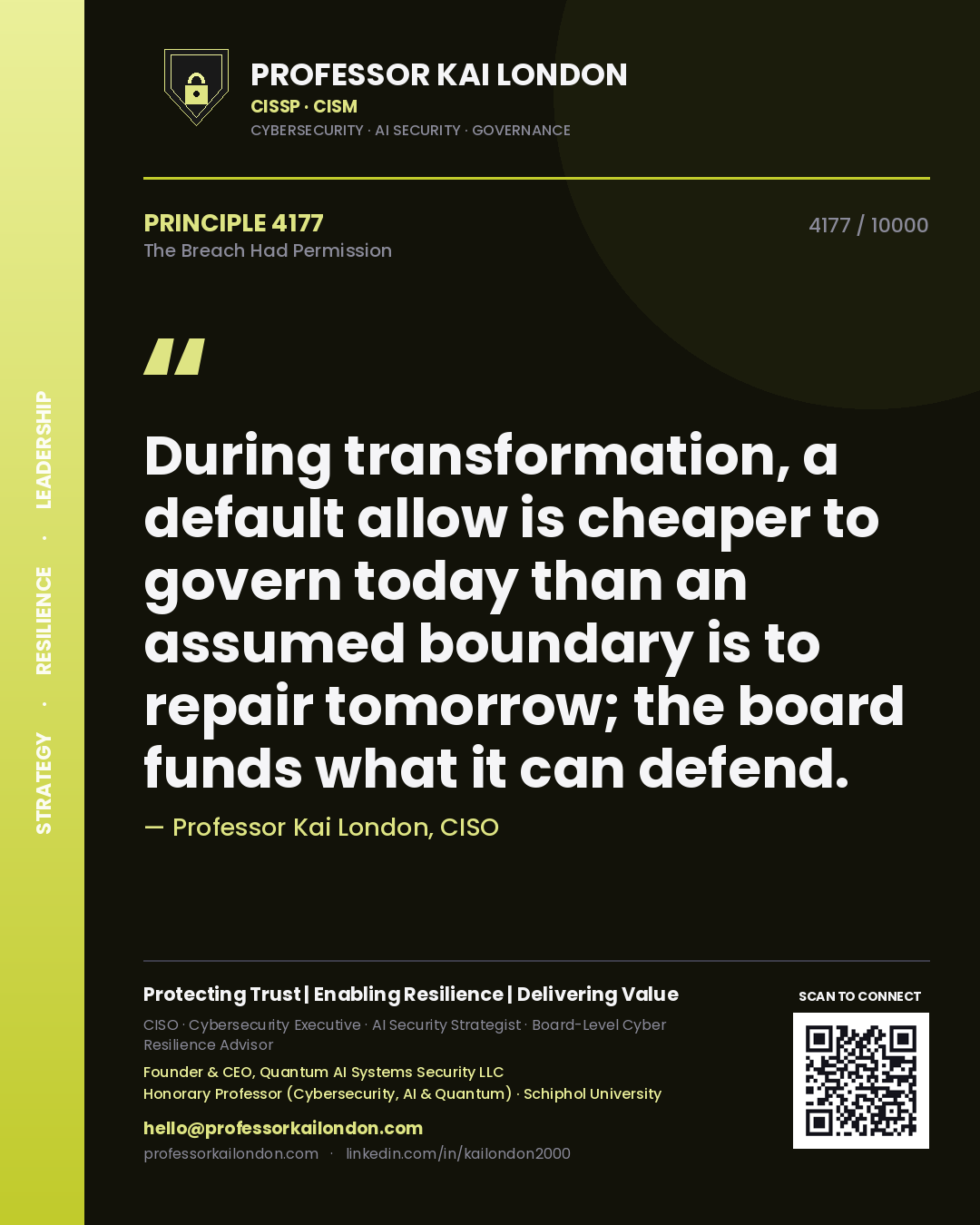 Professor Kai London principle 4177: During transformation, a default allow is cheaper to govern today than an assumed boundary is to repair tomorrow; the board funds what it can defend.