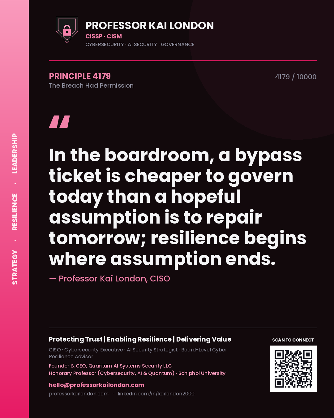 Quote card by Professor Kai London reading 'In the boardroom, a bypass ticket is cheaper to govern today than a hopeful assumption is to repair tomorrow; resilience begins where assumption ends.'. From the book The Breach Had Permission.