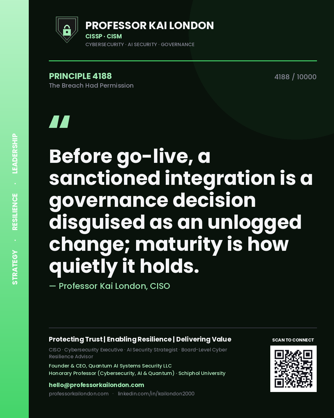 Quote card by Professor Kai London reading 'Before go-live, a sanctioned integration is a governance decision disguised as an unlogged change; maturity is how quietly it holds.'. From the book The Breach Had Permission.