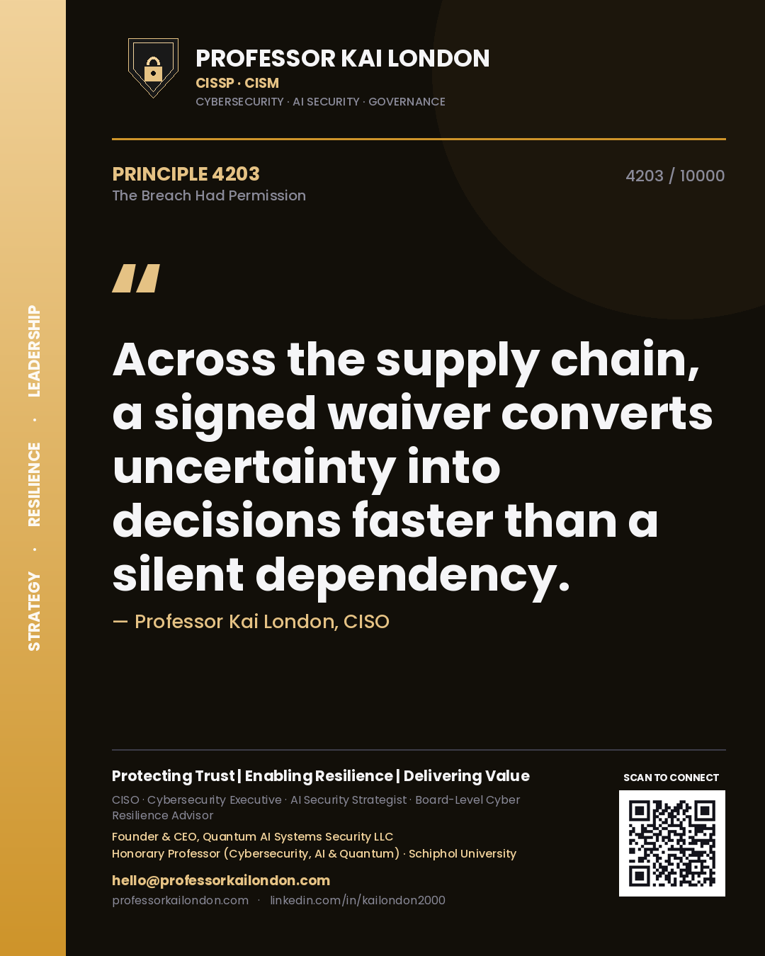 Professor Kai London principle 4203: Across the supply chain, a signed waiver converts uncertainty into decisions faster than a silent dependency.