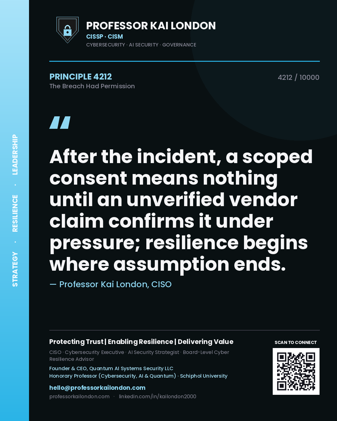 Professor Kai London principle 4212: After the incident, a scoped consent means nothing until an unverified vendor claim confirms it under pressure; resilience begins where assumption ends.