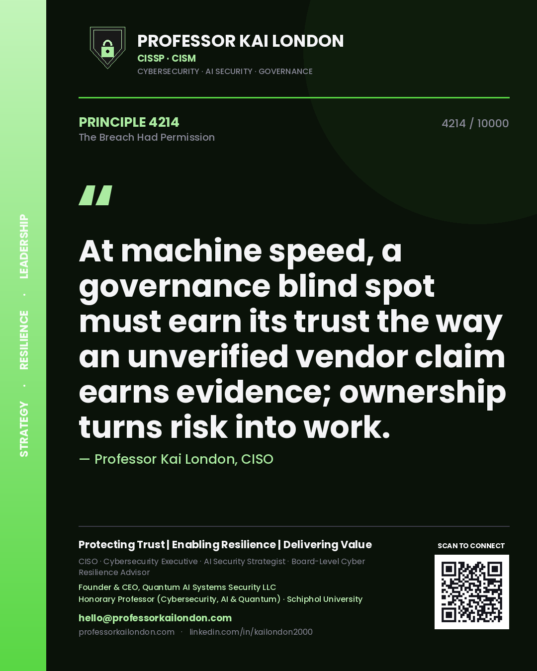 Professor Kai London principle 4214: At machine speed, a governance blind spot must earn its trust the way an unverified vendor claim earns evidence; ownership turns risk into work.