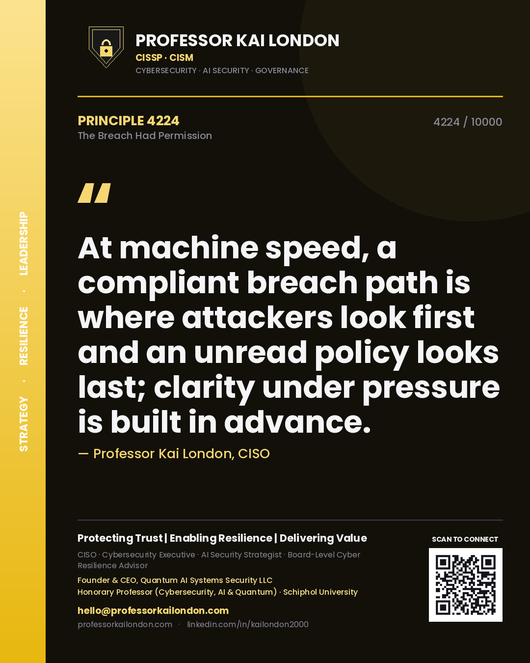 Quote card by Professor Kai London reading 'At machine speed, a compliant breach path is where attackers look first and an unread policy looks last; clarity under pressure is built in advance.'. From the book The Breach Had Permission.