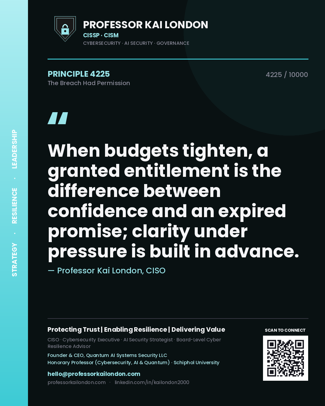 Professor Kai London principle 4225: When budgets tighten, a granted entitlement is the difference between confidence and an expired promise; clarity under pressure is built in advance.