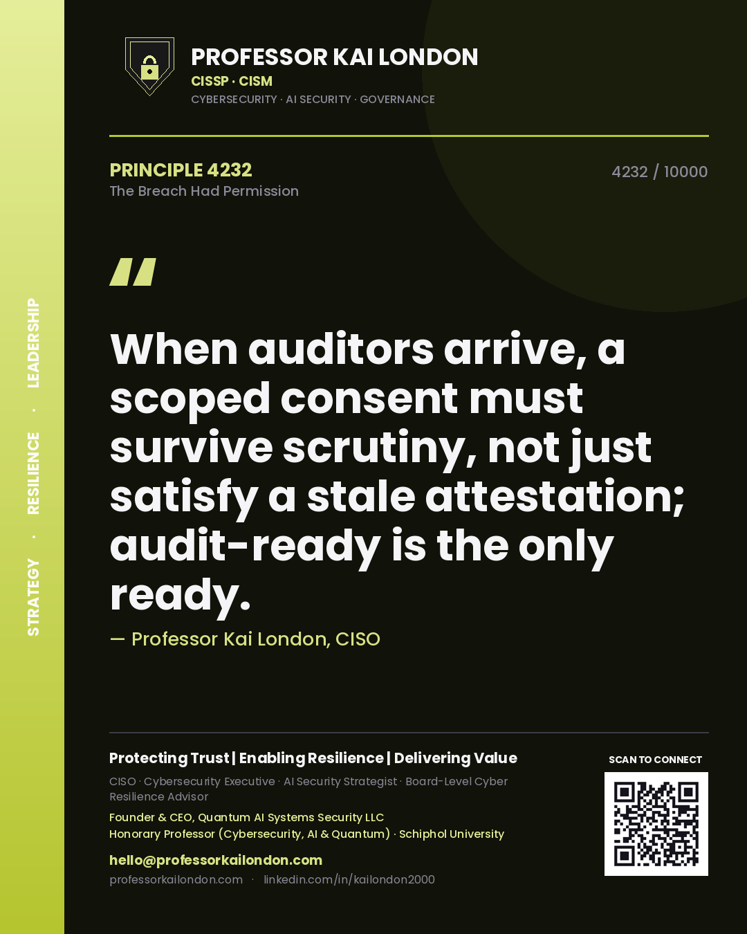 Quote card by Professor Kai London reading 'When auditors arrive, a scoped consent must survive scrutiny, not just satisfy a stale attestation; audit-ready is the only ready.'. From the book The Breach Had Permission.