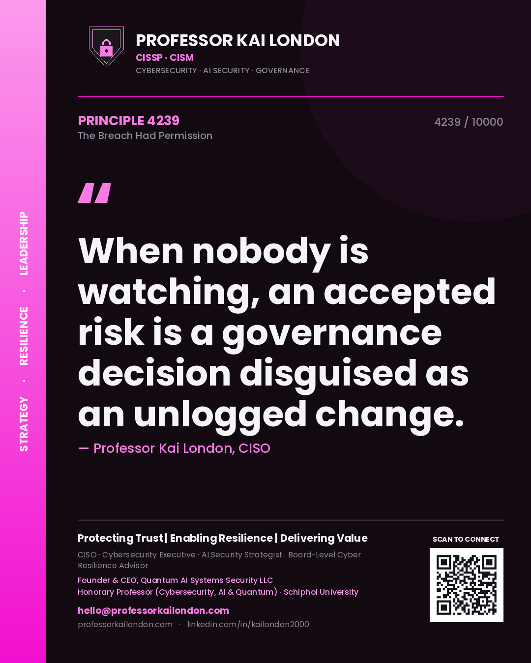 Quote card by Professor Kai London reading 'When nobody is watching, an accepted risk is a governance decision disguised as an unlogged change.'. From the book The Breach Had Permission.