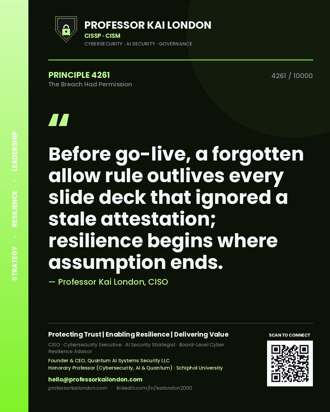 Professor Kai London principle 4261: Before go-live, a forgotten allow rule outlives every slide deck that ignored a stale attestation; resilience begins where assumption ends.