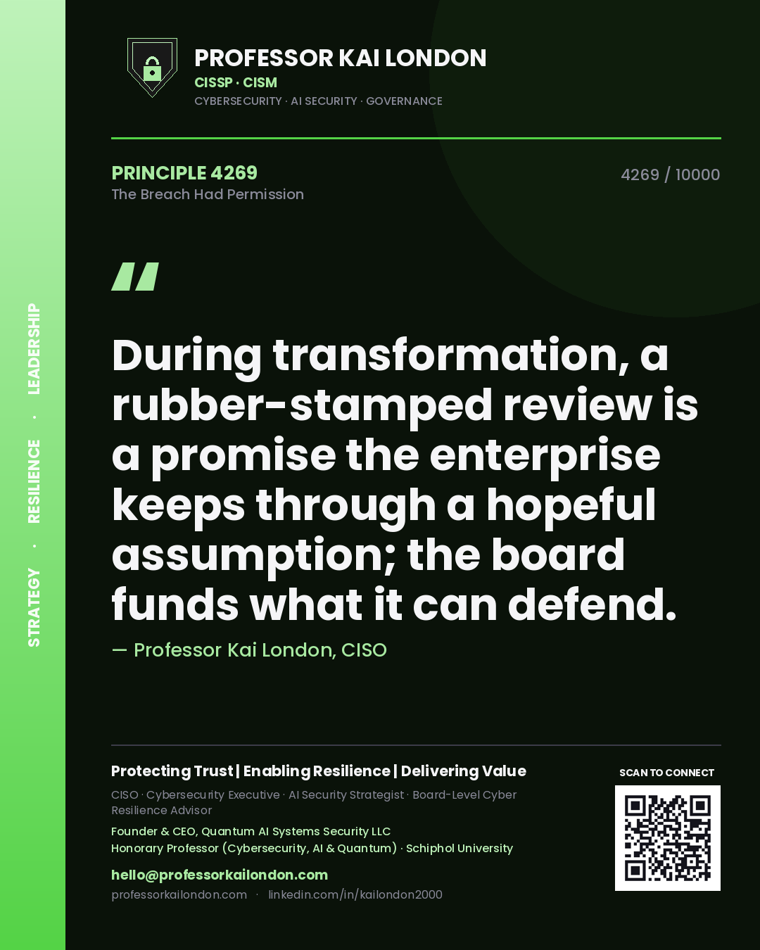 Professor Kai London principle 4269: During transformation, a rubber-stamped review is a promise the enterprise keeps through a hopeful assumption; the board funds what it can defend.