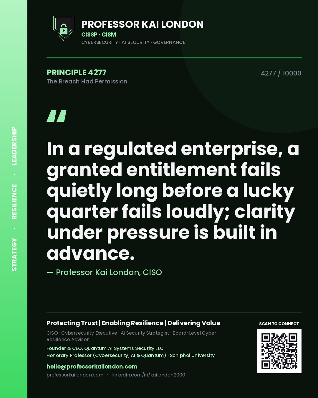 Professor Kai London principle 4277: In a regulated enterprise, a granted entitlement fails quietly long before a lucky quarter fails loudly; clarity under pressure is built in advance.