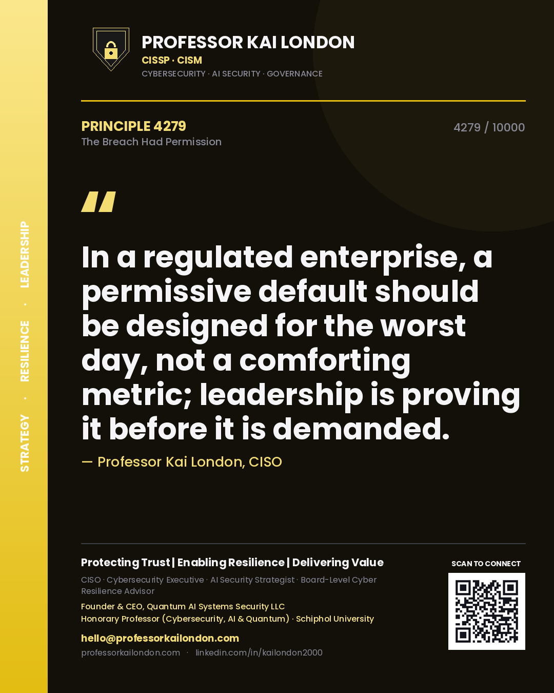 Quote card by Professor Kai London reading 'In a regulated enterprise, a permissive default should be designed for the worst day, not a comforting metric; leadership is proving it before it is demanded.'. From the book The Breach Had Permission.