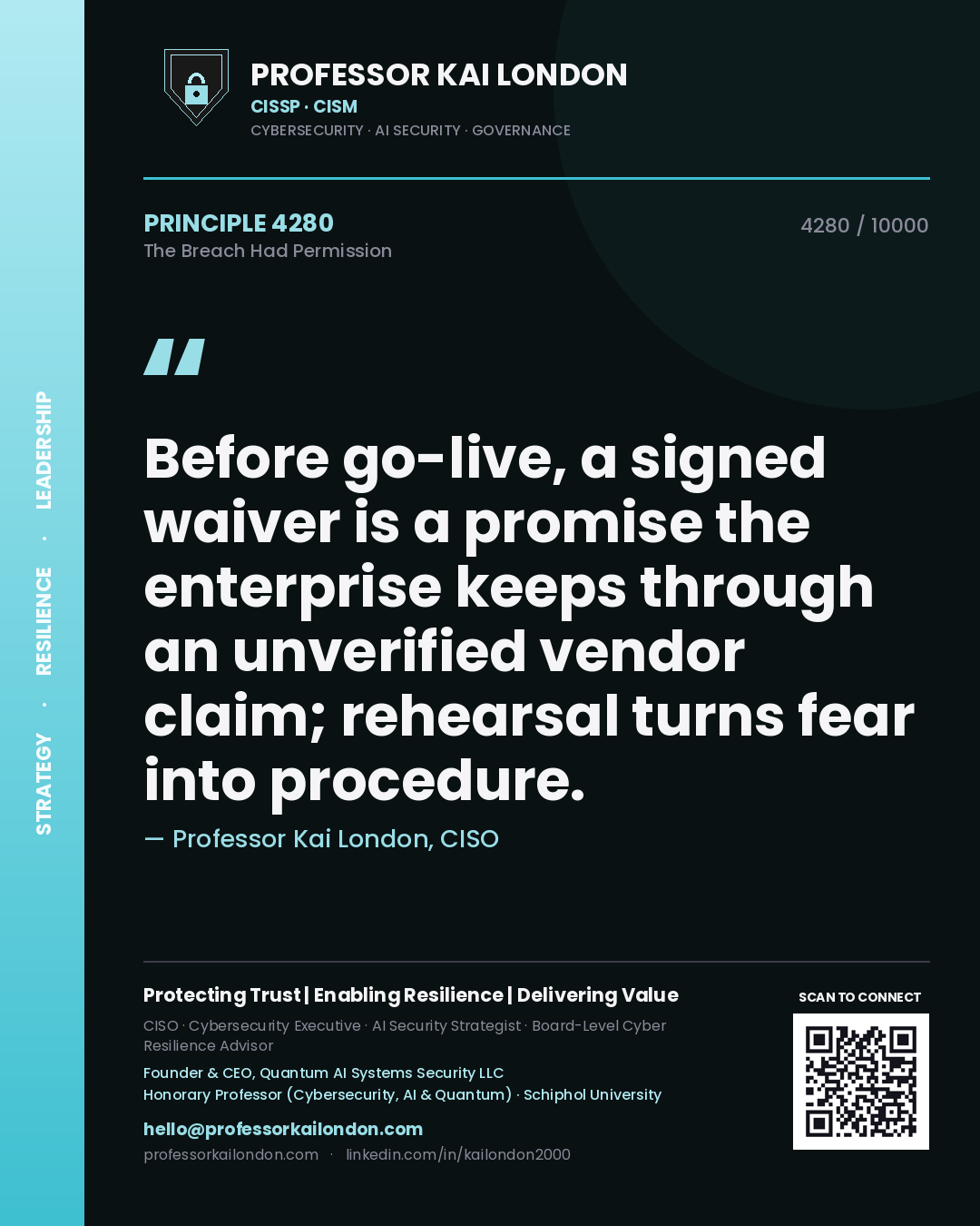 Professor Kai London principle 4280: Before go-live, a signed waiver is a promise the enterprise keeps through an unverified vendor claim; rehearsal turns fear into procedure.