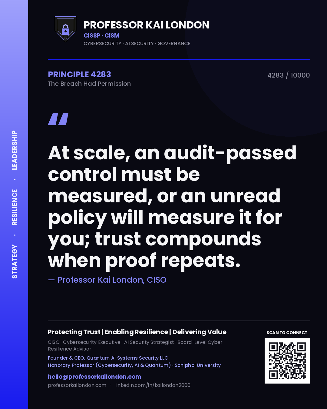 Professor Kai London principle 4283: At scale, an audit-passed control must be measured, or an unread policy will measure it for you; trust compounds when proof repeats.
