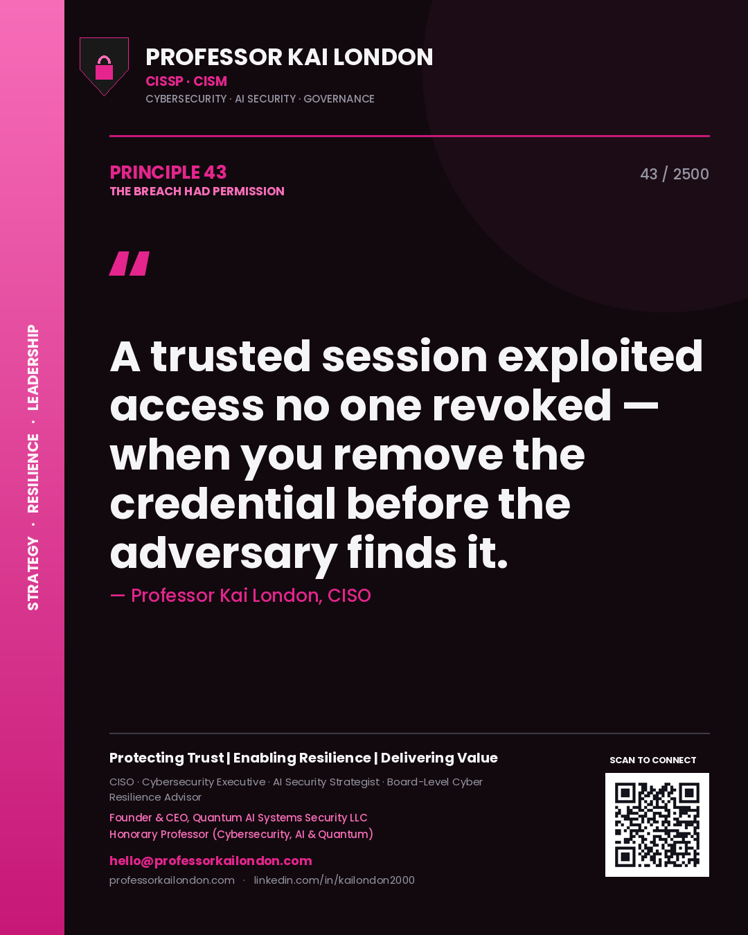 Quote card by Professor Kai London reading 'A trusted session exploited access no one revoked — when you remove the credential before the adversary finds it.'. From the book The Breach Had Permission.