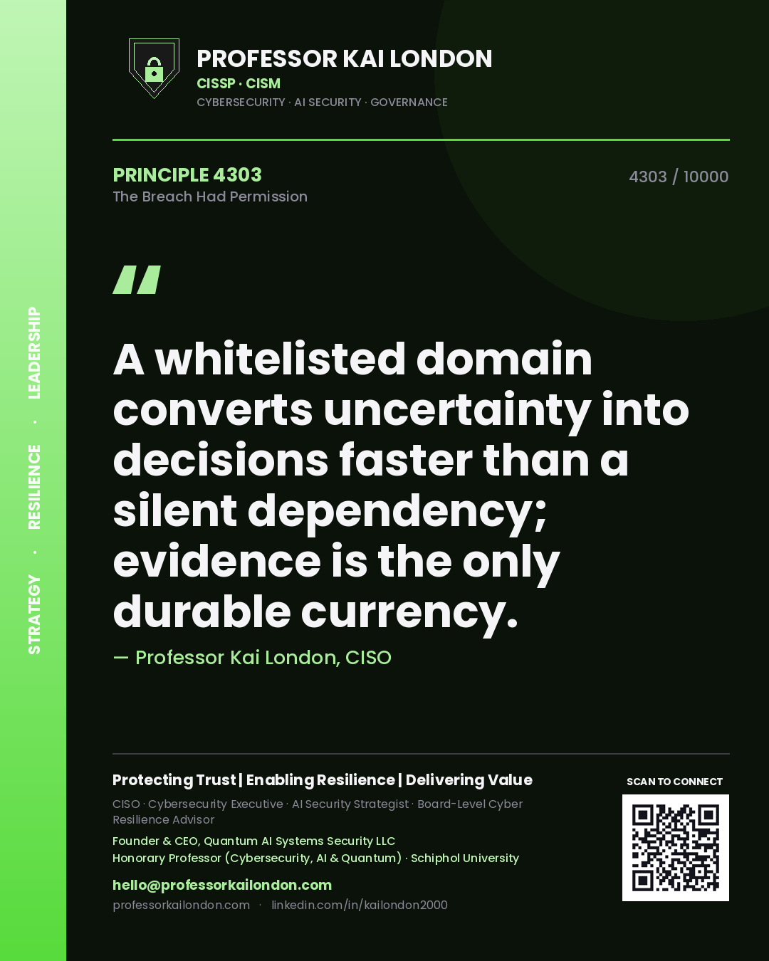 Quote card by Professor Kai London reading 'A whitelisted domain converts uncertainty into decisions faster than a silent dependency; evidence is the only durable currency.'. From the book The Breach Had Permission.