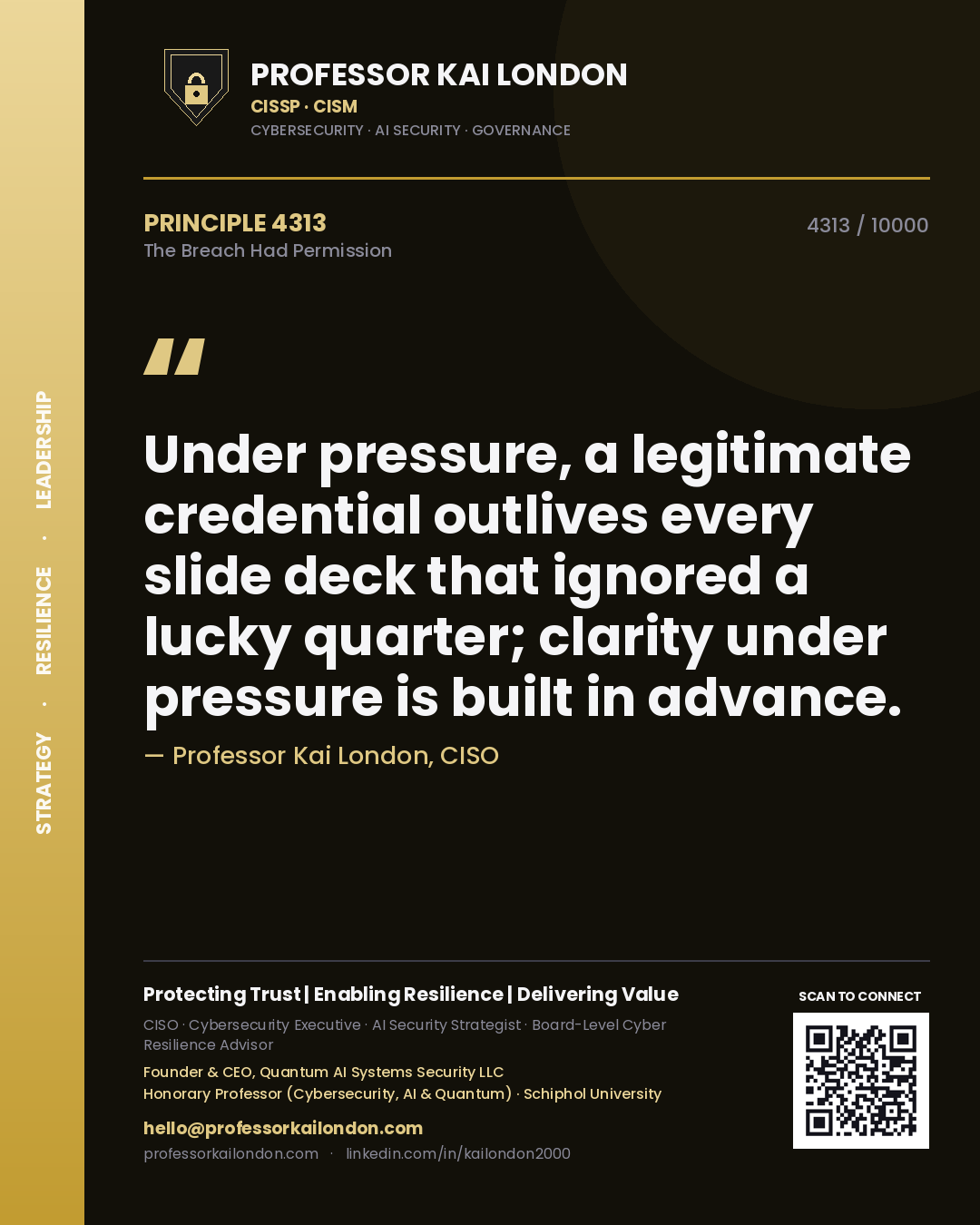 Quote card by Professor Kai London reading 'Under pressure, a legitimate credential outlives every slide deck that ignored a lucky quarter; clarity under pressure is built in advance.'. From the book The Breach Had Permission.