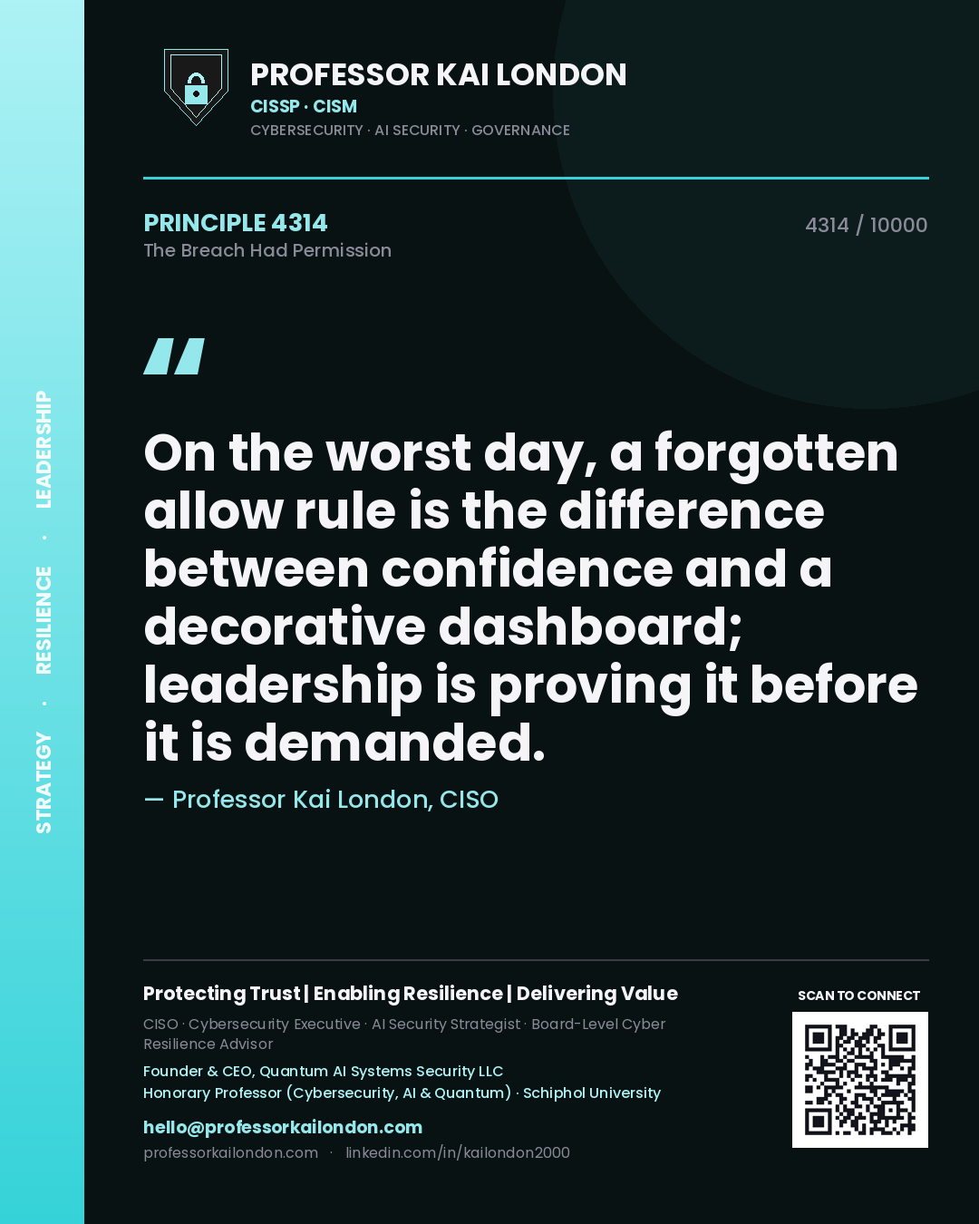Professor Kai London principle 4314: On the worst day, a forgotten allow rule is the difference between confidence and a decorative dashboard; leadership is proving it before it is demanded.
