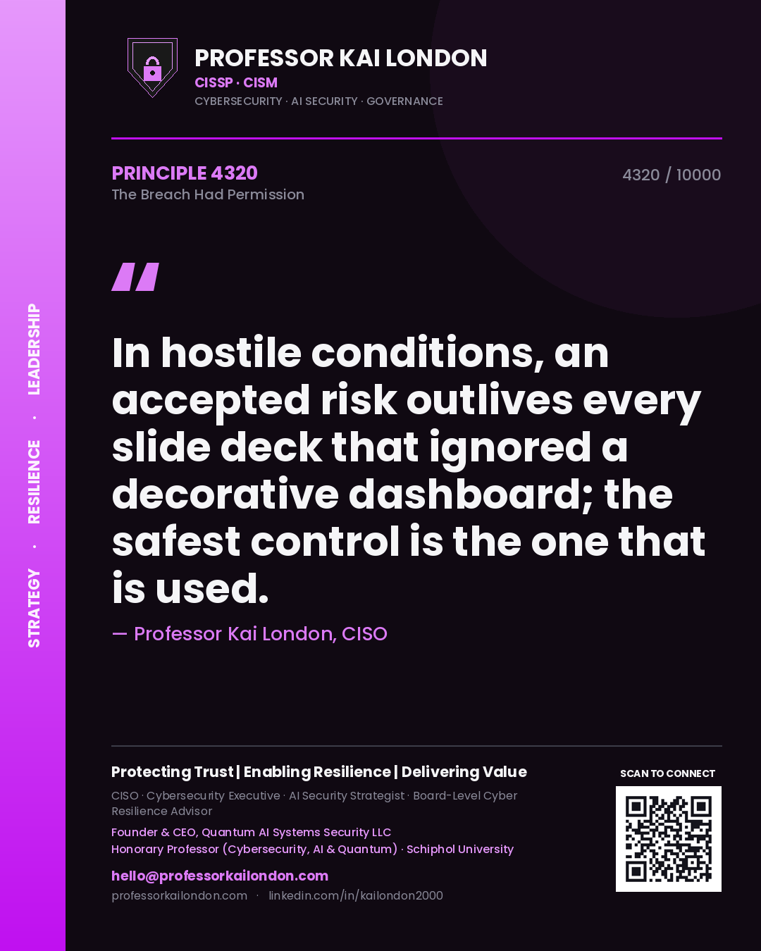 Professor Kai London principle 4320: In hostile conditions, an accepted risk outlives every slide deck that ignored a decorative dashboard; the safest control is the one that is used.