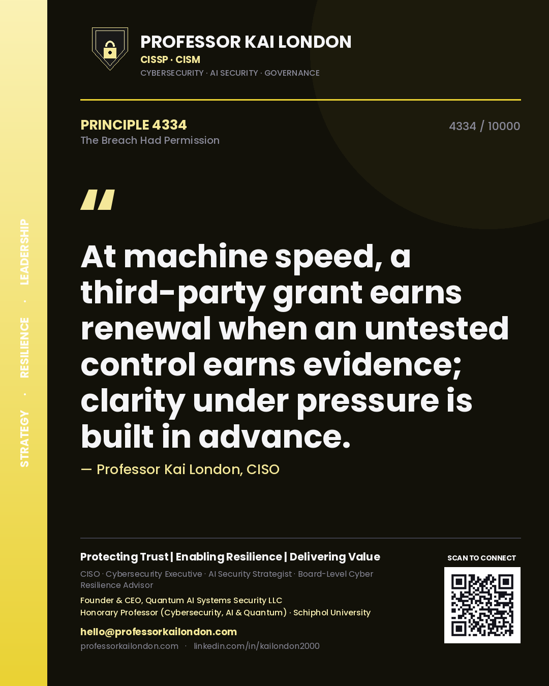 Quote card by Professor Kai London reading 'At machine speed, a third-party grant earns renewal when an untested control earns evidence; clarity under pressure is built in advance.'. From the book The Breach Had Permission.