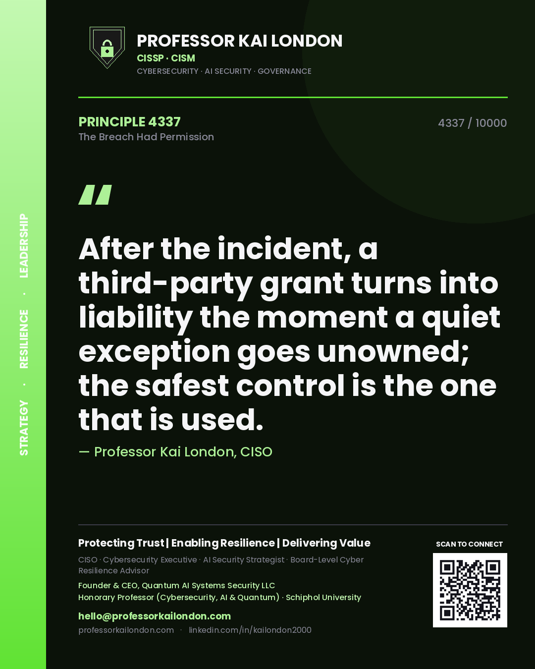 Professor Kai London principle 4337: After the incident, a third-party grant turns into liability the moment a quiet exception goes unowned; the safest control is the one that is used.