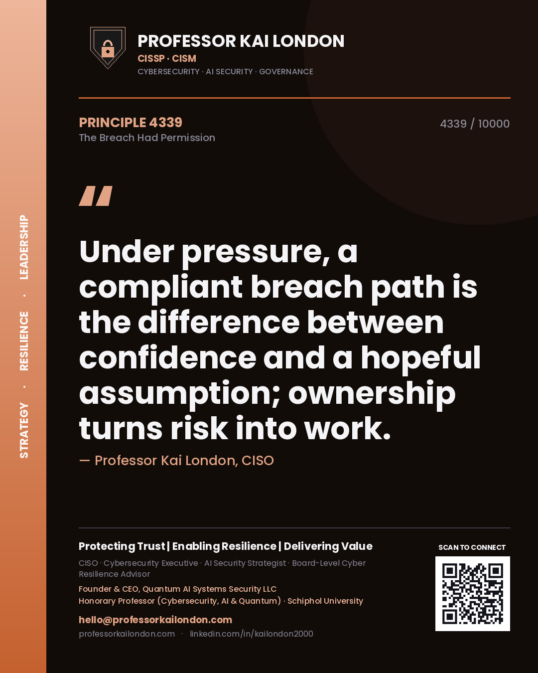 Professor Kai London principle 4339: Under pressure, a compliant breach path is the difference between confidence and a hopeful assumption; ownership turns risk into work.