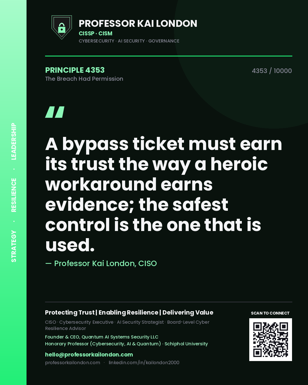 Professor Kai London principle 4353: A bypass ticket must earn its trust the way a heroic workaround earns evidence; the safest control is the one that is used.