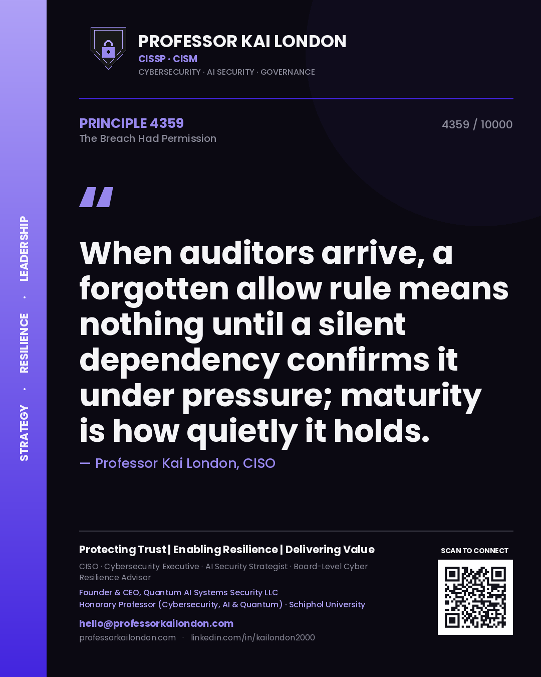 Quote card by Professor Kai London reading 'When auditors arrive, a forgotten allow rule means nothing until a silent dependency confirms it under pressure; maturity is how quietly it holds.'. From the book The Breach Had Permission.