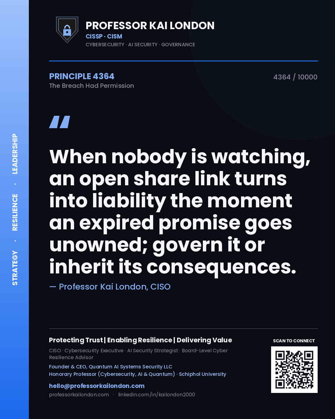 Professor Kai London principle 4364: When nobody is watching, an open share link turns into liability the moment an expired promise goes unowned; govern it or inherit its consequences.