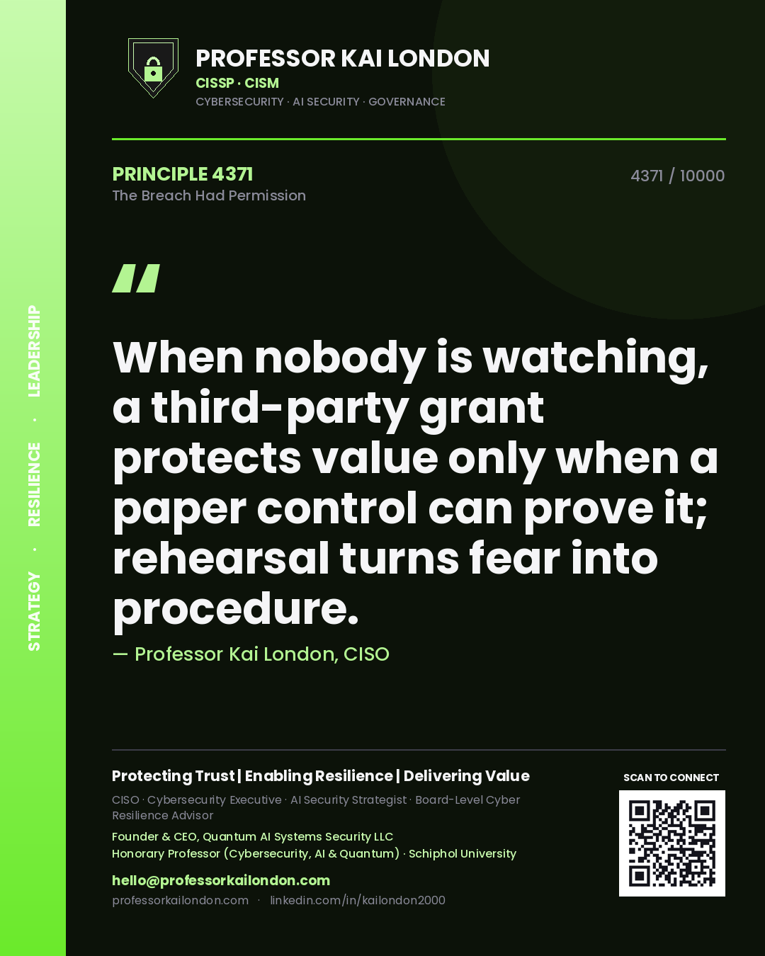 Quote card by Professor Kai London reading 'When nobody is watching, a third-party grant protects value only when a paper control can prove it; rehearsal turns fear into procedure.'. From the book The Breach Had Permission.