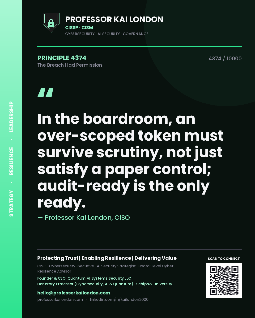 Professor Kai London principle 4374: In the boardroom, an over-scoped token must survive scrutiny, not just satisfy a paper control; audit-ready is the only ready.