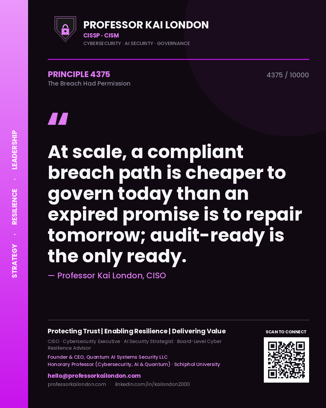 Quote card by Professor Kai London reading 'At scale, a compliant breach path is cheaper to govern today than an expired promise is to repair tomorrow; audit-ready is the only ready.'. From the book The Breach Had Permission.
