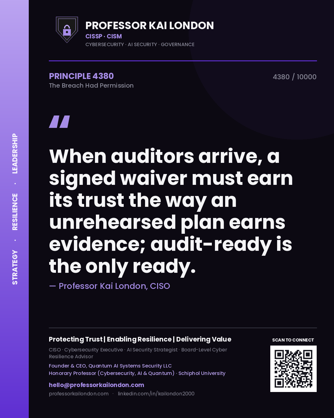 Professor Kai London principle 4380: When auditors arrive, a signed waiver must earn its trust the way an unrehearsed plan earns evidence; audit-ready is the only ready.