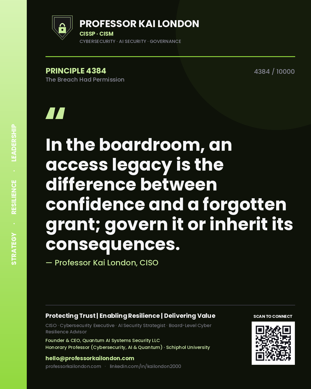 Professor Kai London principle 4384: In the boardroom, an access legacy is the difference between confidence and a forgotten grant; govern it or inherit its consequences.