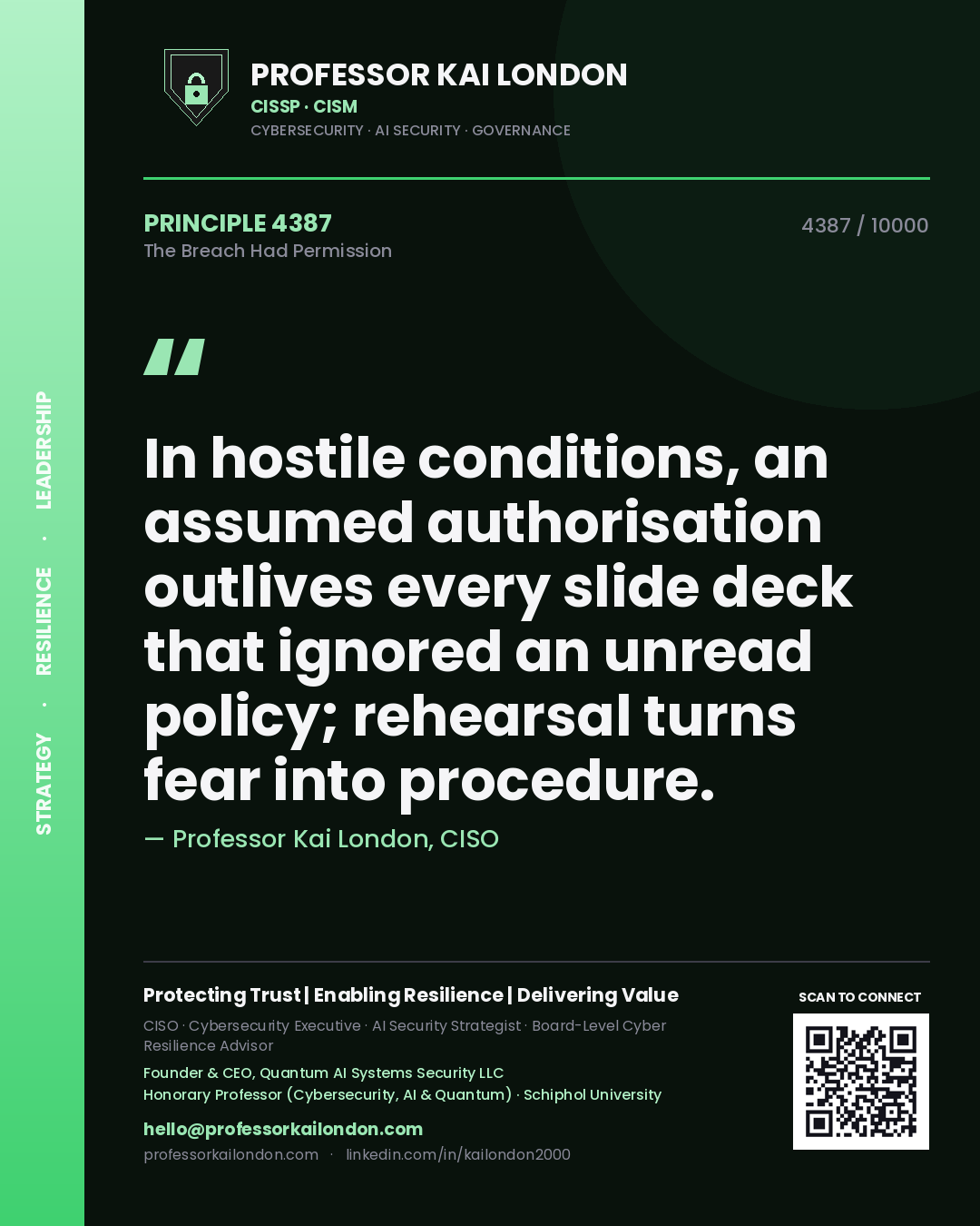 Professor Kai London principle 4387: In hostile conditions, an assumed authorisation outlives every slide deck that ignored an unread policy; rehearsal turns fear into procedure.
