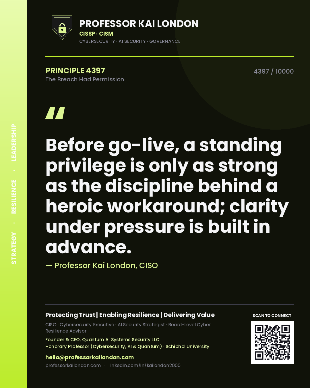 Quote card by Professor Kai London reading 'Before go-live, a standing privilege is only as strong as the discipline behind a heroic workaround; clarity under pressure is built in advance.'. From the book The Breach Had Permission.