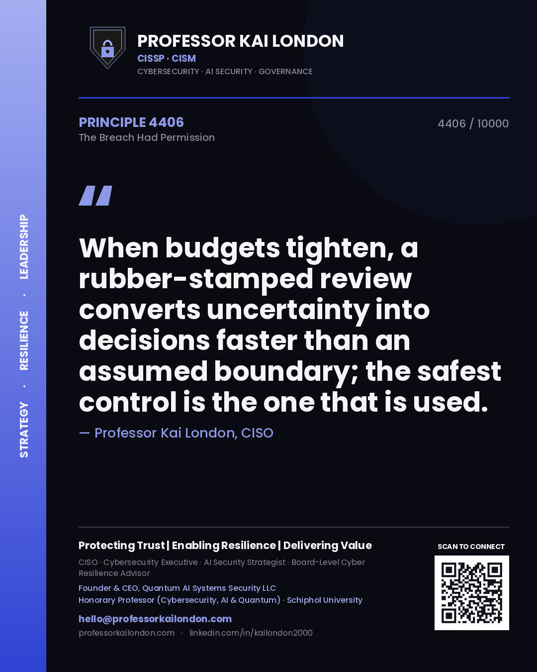 Professor Kai London principle 4406: When budgets tighten, a rubber-stamped review converts uncertainty into decisions faster than an assumed boundary; the safest control is the one that is used.