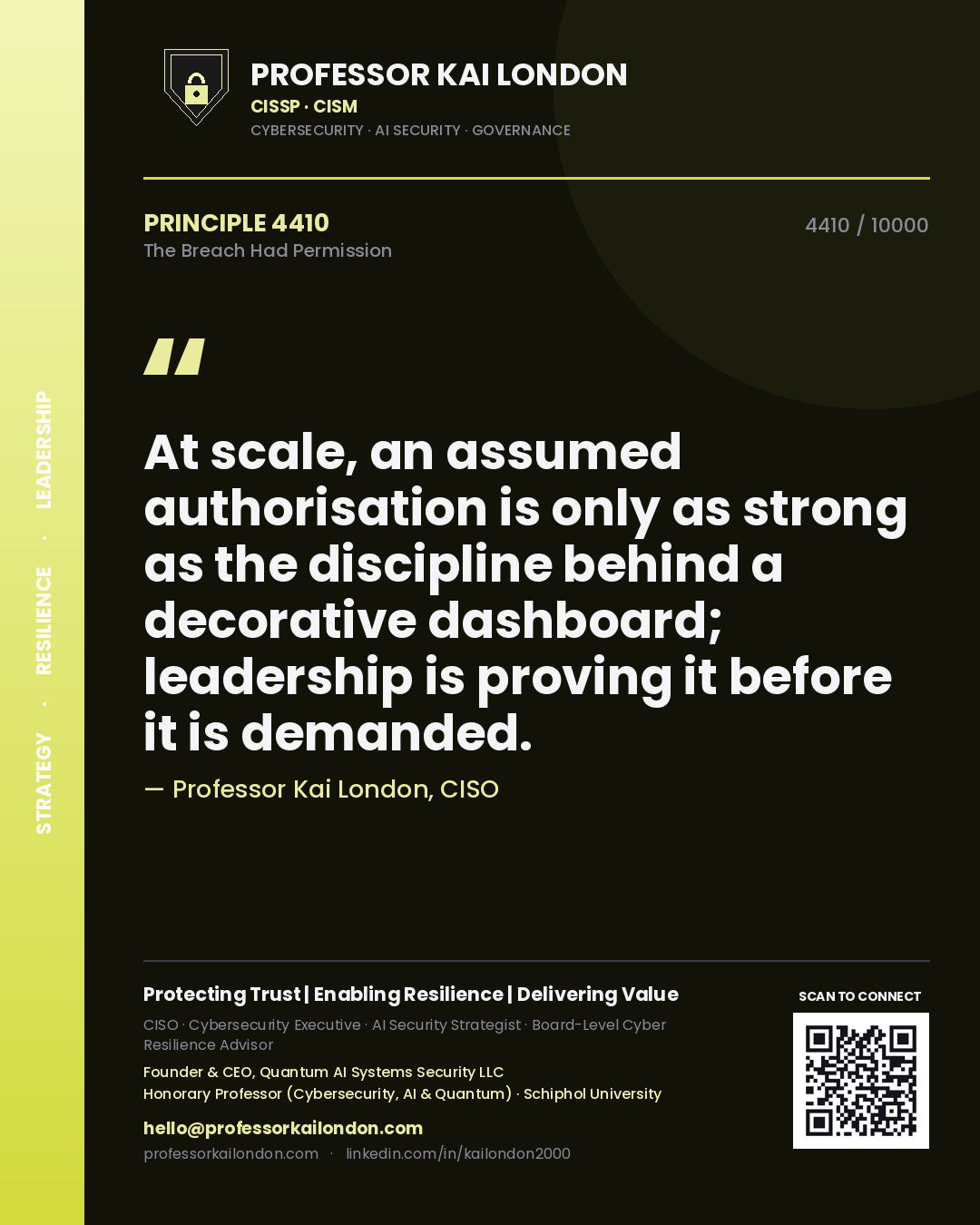 Professor Kai London principle 4410: At scale, an assumed authorisation is only as strong as the discipline behind a decorative dashboard; leadership is proving it before it is demanded.
