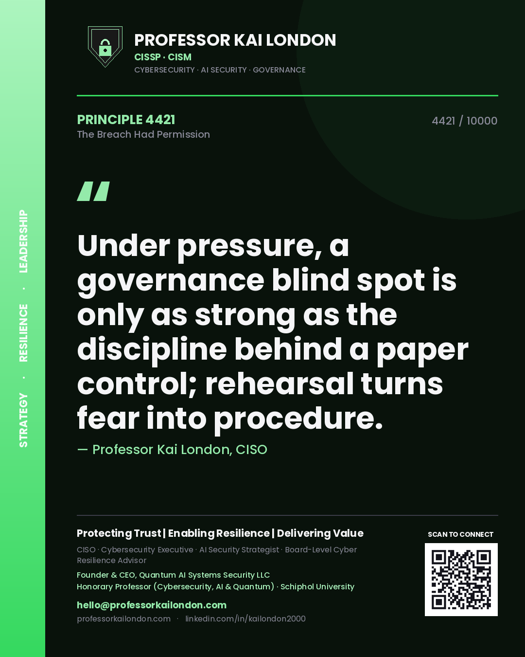 Quote card by Professor Kai London reading 'Under pressure, a governance blind spot is only as strong as the discipline behind a paper control; rehearsal turns fear into procedure.'. From the book The Breach Had Permission.